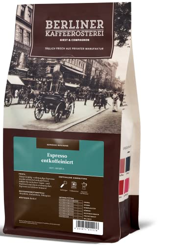 Berliner Kaffeerösterei - Espresso entkoffeiniert (1000g / ganze Bohne), Röstgrad Kaffee: dunkel, 100% Arabica Bohnen, Aromaprofil: Süß/Würzig von BERLINER KAFFEERÖSTEREI GIEST & COMPAGNON