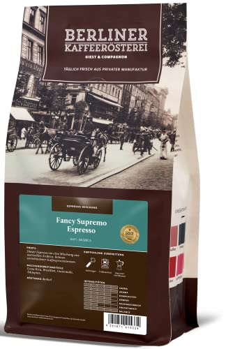 Berliner Kaffeerösterei - Fancy Supremo Espresso (500g / gemahlen), Röstgrad Kaffee: dunkel, 100% Arabica Bohnen, Aromaprofil: Fruchtig/Nussig von BERLINER KAFFEERÖSTEREI GIEST & COMPAGNON