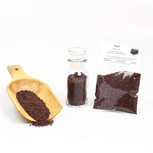 Senf braun, Senf Samen ganz, Senfsaat, braune Senfkörner dunkel, Mustard flour, Einlegegewürz glutenfrei, 40g von Feine Würze