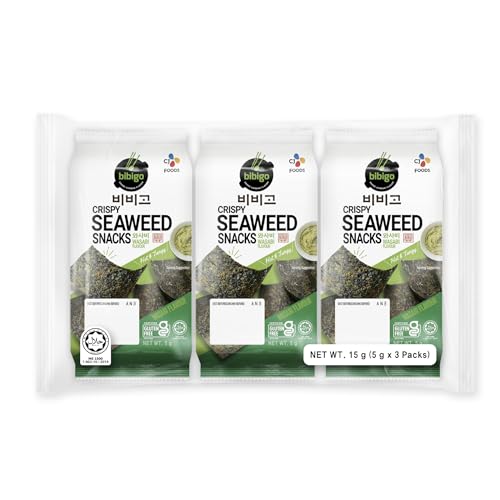 Bibigo Seealgen Snack Wasabi – Geröstete Seelagenblätter mit Wasabi – Ideal als Snack oder Beilage – 3 x 5 g von BIBIGO