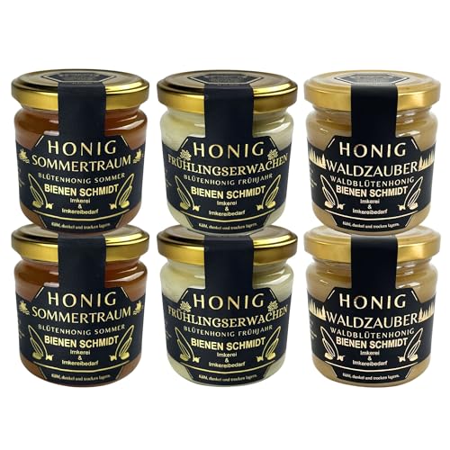 Honig Probier Set im 250g Glas 2x Sommertraum, 2x Frühlingserwachen & 2x Waldzauber Honig Probier Set im 250g Glas 2x Sommertraum, 2x Frühlingserwachen & 2x Waldzauber von BIENEN SCHMIDT