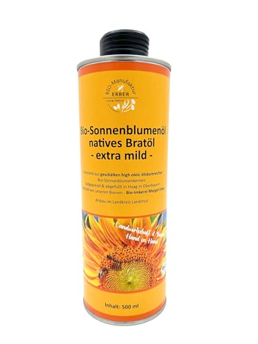 Bio-Sonnenblumenöl natives Bratöl 500 ml, kaltgepresst, extra mild aus geschälten hight oleic ölsäurereichen Bio-Sonnenblumenkernen aus Deutschland, reich an Vitamin E Bio-Sonnenblumenöl natives Bratöl 500 ml, kaltgepresst, extra mild aus geschälten hight oleic ölsäurereichen Bio-Sonnenblumenkernen aus Deutschland, reich an Vitamin E von BIO-Manufaktur ERBER 100% Natur