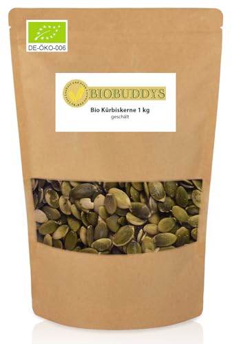 Bio Kürbiskerne 1kg geschält - Der nährstoffreiche Snack für jede Gelegenheit - roh, unbehandelt, Bio-Qualität, Vegan, Reich an Omega-3-Fettsäuren, Ideal für Snacks, Backen & Salate von BIOBUDDYS