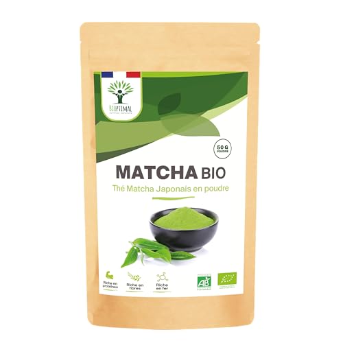 Matcha Bio en Poudre - Puissant Antioxydant - Thé Matcha Japonais de Qualité Prémium - Colorant Alimentaire Vert - Cuisine et Infusion - Produit au Japon Conditionné en France - Certifié Ecocert - 50g von BIOPTIMAL nutrition naturelle