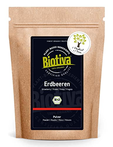 Erdbeer Pulver Bio 90g gefriergetrocknet - Fragaria - Superfood - vegan laktosefrei sojafrei - wiederverschließbarer Vorratsbeutel - Biotiva von Biotiva
