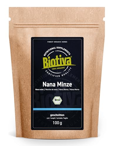 Nana Minze Bio 100g - Echte arbische Minze geschnitten - marokkanische Minze - ohne Füllstoffe - abgefüllt und kontrolliert in Deutschland - Biotiva von Biotiva