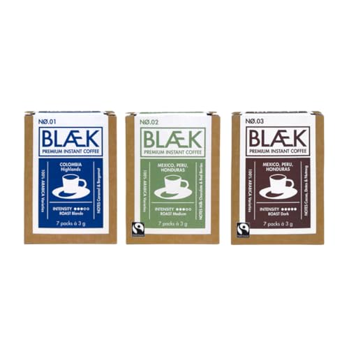 BLÆK Specialty Bio Instant Kaffee 3er Set | Blaek Colombia, Peru, Dark Blend Espresso: Organic Coffee To Go Box löslich Sachet Sticks | Arabica Hochland Kaffeebohne ökologisch | Camping Reise Büro von BLÆK
