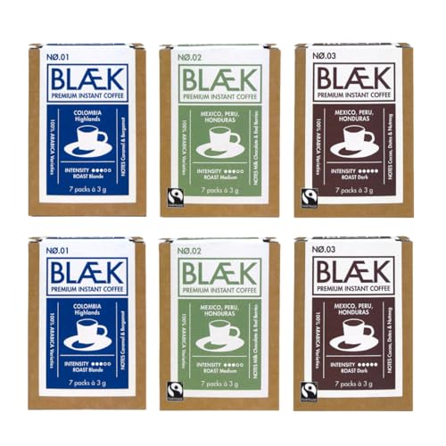 BLÆK Specialty Bio Instant Kaffee 6er Set | Blaek Colombia, Peru, Dark Blend Espresso: Organic Coffee To Go Box löslich Sachet Sticks | Arabica Hochland Kaffeebohne ökologisch | Camping Reise Büro von BLÆK