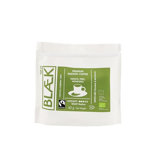 BLÆK Specialty Bio Instant Kaffee Nø.2 | Blaek Organic Premium Coffee 60g Bag To Go Pouch löslich | Premiumkaffee Medium Roast Arabica Hochland Kaffeebohne süß | Hotel Camping Reise Büro Vanlife von BLÆK
