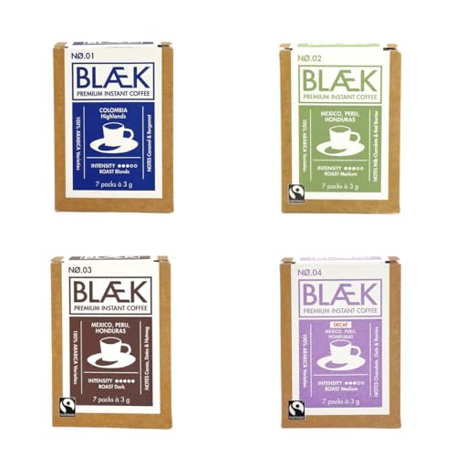 BLÆK Specialty Instant Kaffee: Blaek Mix 4er Set Boxen | löslicher Premium Coffee To Go säurearm & mild | Arabica Hochland Kaffeebohnen: Kaffee, Espresso, koffeinfrei | Hotel Camping Reise Büro BLÆK Specialty Instant Kaffee: Blaek Mix 4er Set Boxen | löslicher Premium Coffee To Go säurearm & mild | Arabica Hochland Kaffeebohnen: Kaffee, Espresso, koffeinfrei | Hotel Camping Reise Büro von BLÆK