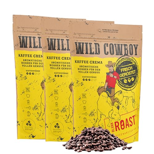 BLANK ROAST Wild Cowboy Crema - ganze Kaffeebohnen - 100% Arabica Kaffee - schonend mit Hickory-Holz geröstet - säurearm (3x 1000g) von BLANK ROAST