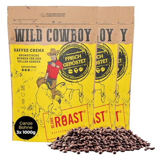 BLANK ROAST Wild Cowboy Crema - ganze Kaffeebohnen - 100% Arabica Kaffee - schonend mit Hickory-Holz geröstet - säurearm (3x 1000g) von BLANK ROAST
