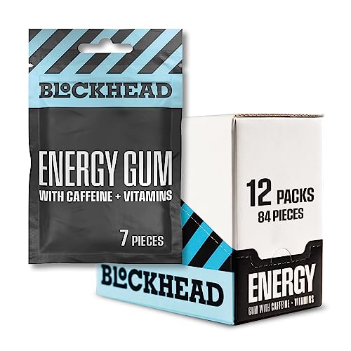 Blockhead | Energy Gum mit Pfefferminz-Geschmack | 84 Stück I Koffein Kaugummi mit Vitaminen B1, B6 und B12 und Niacin | Zuckerfrei | Kalorienfrei von BLOCKHEAD