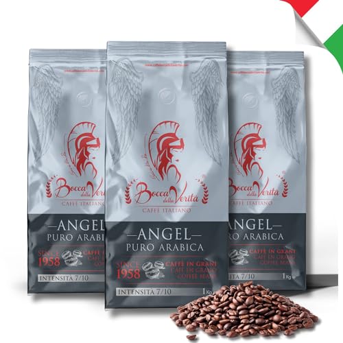 BOCCA DELLA VERITA® - Italienische Kaffeebohnen, Aroma ANGEL 100% ARABICA, 3 Packungen mit 1 kg, Natürlich und handwerklich gerösteter Kaffee, 100% Made in Italy, Rainforest und UTZ zertifiziert von BOCCA DELLA VERITA