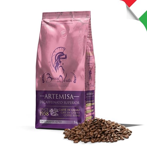BOCCA DELLA VERITA® - Italienische Kaffeebohnen, Aroma ARTEMISA ENTKOFFEINIERT, 1 kg Packung, Natürlich und handwerklich gerösteter Kaffee, 100% Made in Italy, Rainforest und UTZ zertifiziert von BOCCA DELLA VERITA