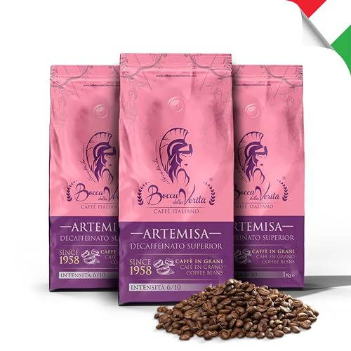 BOCCA DELLA VERITA® - Italienische Kaffeebohnen, Aroma ARTEMISA ENTKOFFEINIERT, 3 Packungen mit 1 kg, Natürlich und handwerklich gerösteter Kaffee, 100% Made in Italy, Rainforest und UTZ zertifiziert von BOCCA DELLA VERITA