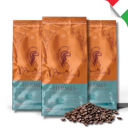 BOCCA DELLA VERITA® - Italienische Kaffeebohnen, Aroma HERMES RISTRETTO NAPOLI, 3 Packungen mit 1 kg, Natürlich und handwerklich gerösteter Kaffee, 100% Made in Italy, Rainforest und UTZ zertifiziert von BOCCA DELLA VERITA