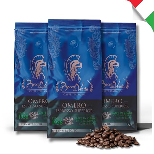 BOCCA DELLA VERITA® - Italienische Kaffeebohnen, Aroma OMERO ESPRESSO SUPERIORE, 3 Packungen mit 1 kg, Natürlich und handwerklich gerösteter Kaffee, 100% Made in Italy, Rainforest und UTZ zertifiziert von BOCCA DELLA VERITA
