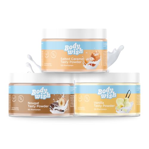 Geschmackspulver Kalorienarm | Weihnachten - Christmas Deal - Kalorienarmes Geschmackspulver | Natürlicher Geschmack - Zuckerersatz Ernährung Salted Caramel - Vanilla - Nougat | 3 x 150gr - Aroma von BODYWISH
