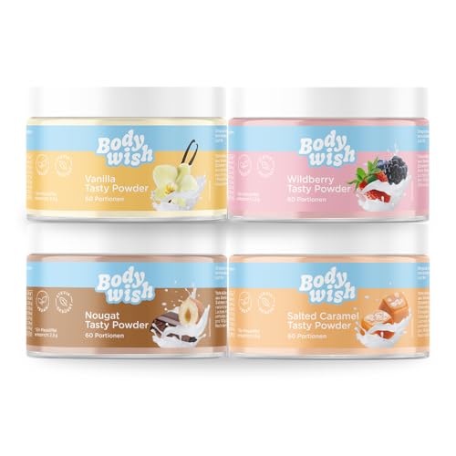 BODYWISH - Mixed Tasty Powder - Kalorienarmes Geschmackspulver | Natürlicher Geschmack - Zuckerersatz Ernährung| Vanille - Wildberry - Nougat - Salted Caramel | 4 x 150gr - Mixed Aroma von BODYWISH