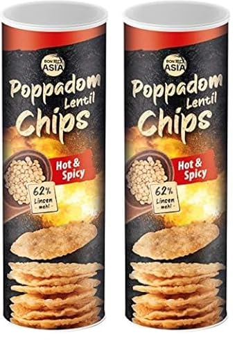 BONASIA Poppadom Lentil Chips Hot & Spicy – Würzig-pikante Linsenchips aus 62% Linsenmehl, glutenfrei, vegan (1 x 70 g) (Packung mit 2) von BONASIA