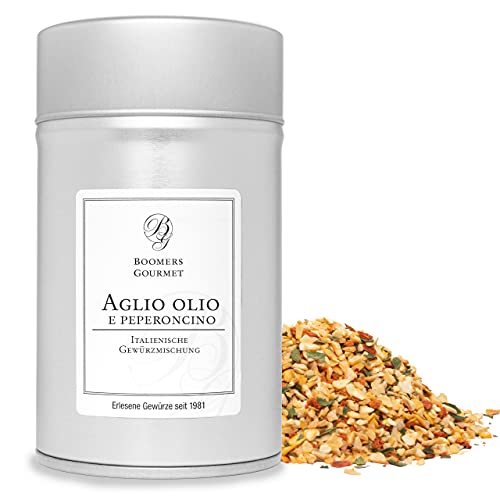 Boomers Gourmet - Aglio e Olio Gewürz, hochwertiges Spaghetti Gewürz, authentische Italienische Aglio e Olio Gewürzmischung, Ideal für Pasta und Spaghetti - Gewürzdose 11,5 cm - 110 g von BOOMERS GOURMET