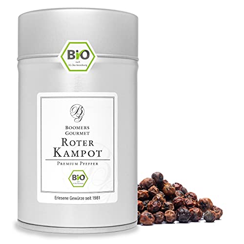 Boomers Gourmet - BIO Roter Kampot Pfeffer – Ganze Pfefferkörner aus Kambodscha – Gourmet Pfeffer in Premium Qualität – Fruchtig, Scharf, Handverlesen - Gewürzdose 11,5 cm - 100 g von BOOMERS GOURMET