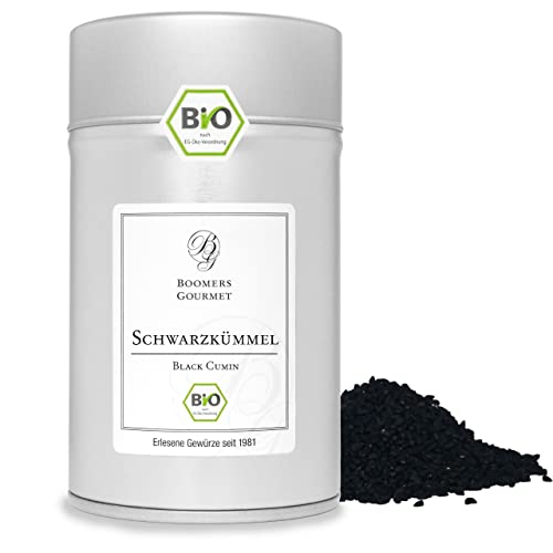 Boomers Gourmet - Bio Schwarzkümmel ganz – Nigella Sativa Samen aus kontrolliert biologischem Anbau – intensives Aroma – Naturrein – ideal für Brot, Salate, Currys - Gewürzdose 11,5 cm - 100 g von BOOMERS GOURMET