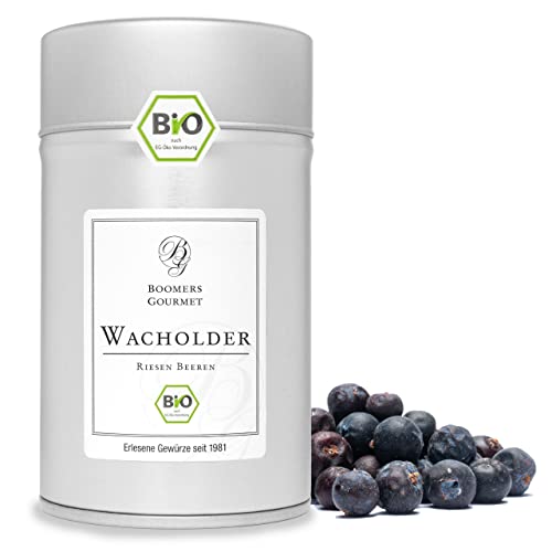 Boomers Gourmet - Boomers Gourmet Wacholderbeeren Bio ganz - getrocknet, aromatisch, aus Mazedonien - Gewürz für Wildgerichte, Marinaden, Gin, Küche - Gewürzdose 11,5 cm - 50 g von BOOMERS GOURMET