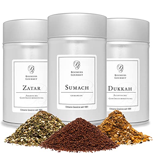 Boomers Gourmet - Orientalische Gewürze Set, Sumach Gewürz I Dukkah Gewürzmischung I Zatar Gewürzmischung nach Ottolenghi Gewürze Set 3er - 3 Dosen - 285 g Boomers Gourmet - Orientalische Gewürze Set, Sumach Gewürz I Dukkah Gewürzmischung I Zatar Gewürzmischung nach Ottolenghi Gewürze Set 3er - 3 Dosen - 285 g von BOOMERS GOURMET