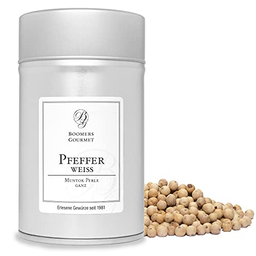 Boomers Gourmet - Muntok Pfeffer weiß, ganze Pfefferkörner – handverlesen & aromatisch – aus Indonesien – ideal für helle Saucen, Fisch, Fleisch & Gemüse - Gewürzdose - 100 g Boomers Gourmet - Muntok Pfeffer weiß, ganze Pfefferkörner – handverlesen & aromatisch – aus Indonesien – ideal für helle Saucen, Fisch, Fleisch & Gemüse - Gewürzdose - 100 g von BOOMERS GOURMET