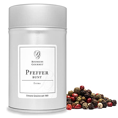 Boomers Gourmet - Bunter Pfeffer ganz – Pfeffermischung aus schwarzen, weißen, grünen und rosa Pfefferkörnern – aromatisch & hochwertig für Mühle und Mörser - Gewürzdose 11,5 cm - 100 g von BOOMERS GOURMET