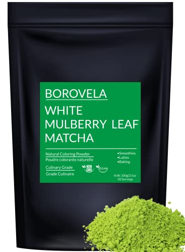 Japanisches weißes Maulbeerblatt-Pulver im Matcha-Stil - Grünes Superfood - Koffeinfrei - Natürlicher grüner Farbstoff 100 g Dose von BOROVELA