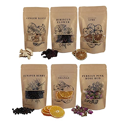 Getrocknete Fruechte im Set fuer Cocktail Deko und Gin, Mix mit 6 Sorten: Wacholderbeere, Limette, Hibiskusbluete, Ingwer 45g, Orange und Knospen der persischen Rose. Gin Gewürze Geschenkset von BOTÁNICA