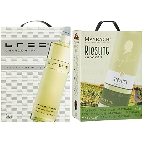 Bree Chardonnay Weißwein halbtrocken Bag-in-Box aus Frankreich (1 x 3 l) & Maybach Riesling Trocken Bag-in-box (1 x 3 l) von BREE