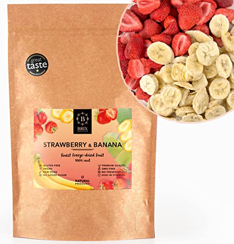 BRIX Gefriergetrocknete Erdbeeren und Bananen | Gefriergetrocknete Bananen und Erdbeeren 110 g | Great Taste Award für Trockenfrüchte | Gentechnikfrei, glutenfrei, vegan, Vitamine bleiben erhalten von BRIX, GROWN FOR FLAVOUR