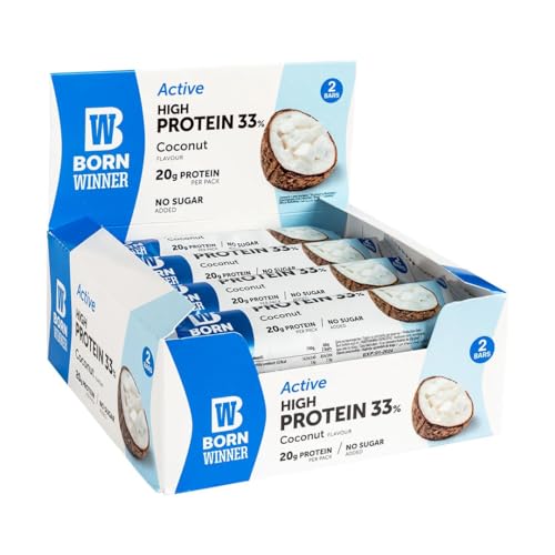 BornWinner Active, High Protein Riegel, Coconut, 33 Prozent Eiweißgehalt, 20 g Protein pro Riegel, ohne Zuckerzusatz, 12x60g von BW Born Winner