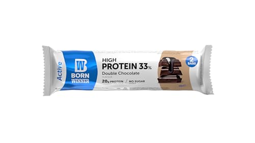 BornWinner Active, High Protein Riegel, Double Chocolate, 33 Prozent Eiweißgehalt, 20 g Protein pro Riegel, ohne Zuckerzusatz, 12x60g von BW Born Winner