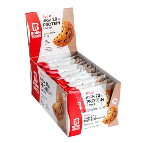 BornWinner Boost, High Protein Cookie, Vegetarian, Chocolate Chip, 20 Prozent Eiweißgehalt, High-Fiber, 15g Protein, 12x75g von BW Born Winner