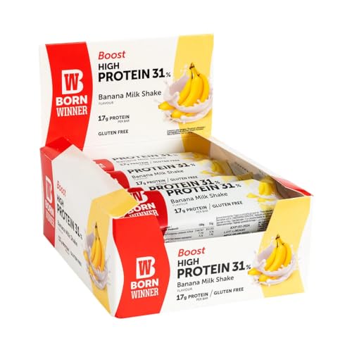 BornWinner Boost, High Protein Riegel, Banana MIlk Shake, 31 Prozent Eiweißgehalt, Glutenfrei, 17 g Protein pro Riegel, 12x55g von Born Winner