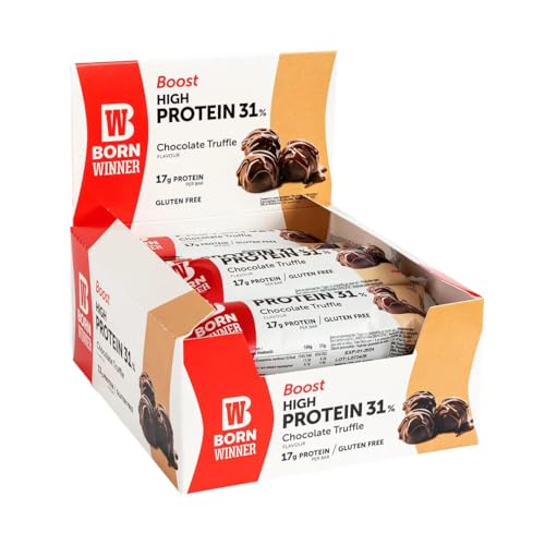 BornWinner Boost, High Protein Riegel, Chocolate Truffle, 31 Prozent Eiweißgehalt, Glutenfrei, 17 g Protein pro Riegel, 12x55g von BW Born Winner