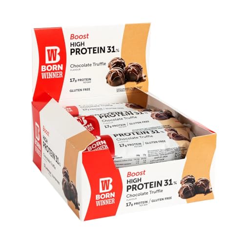 BornWinner Boost, High Protein Riegel, Chocolate Truffle, 31 Prozent Eiweißgehalt, Glutenfrei, 17 g Protein pro Riegel, 12x55g von Born Winner