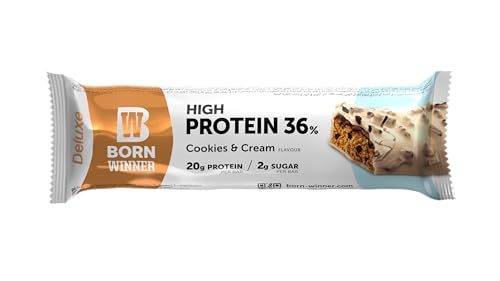 BornWinner High Protein Riegel, Delux Cookies & Cream, 36 Prozent Eiweißgehalt, 20 g Protein pro Riegel, ohne Zuckerzusatz, 15x55g von BW Born Winner