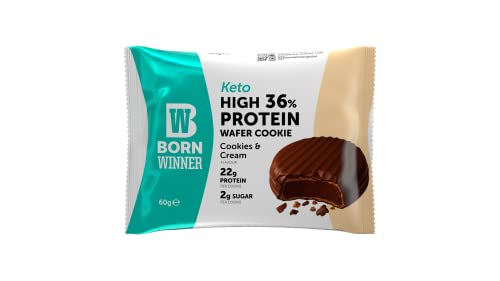 BornWinner Keto, High Protein Wafer Cookie, Cookie & Cream, 36 Prozent Eiweißgehalt, 22g Protein, 12x60g von BW Born Winner