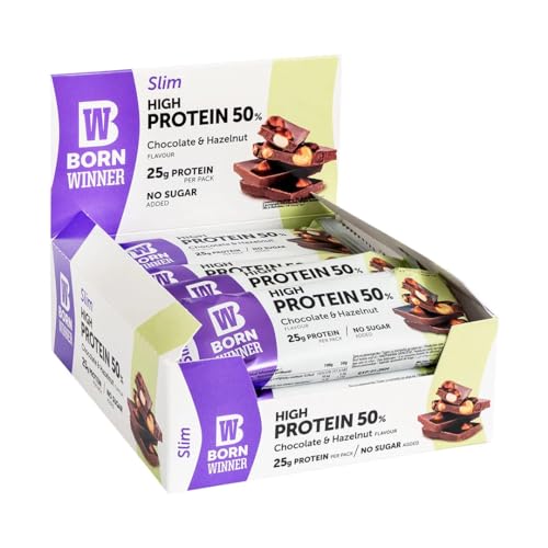 BornWinner Slim, High Protein Riegel, Chocolate & Hazelnut, 50 Prozent Eiweißgehalt, 25 g Protein pro Riegel, 12x50g von BW Born Winner