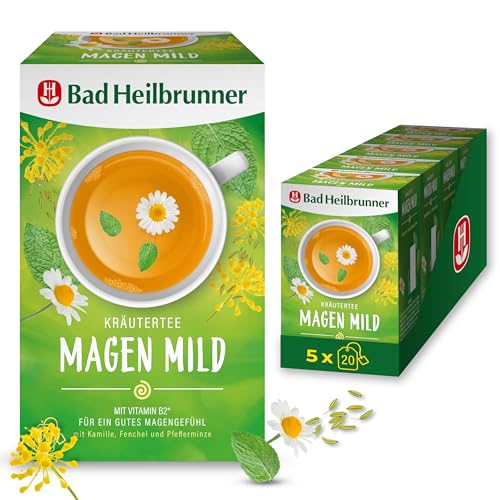 Bad Heilbrunner Magen Mild - Kräutertee im Filterbeutel - Fenchel, Kamille & Pfefferminze - mit Vitamin B2 für ein gutes Magengefühl - Bauch gut, alles gut (5 x 20 Filterbeutel) von Bad Heilbrunner