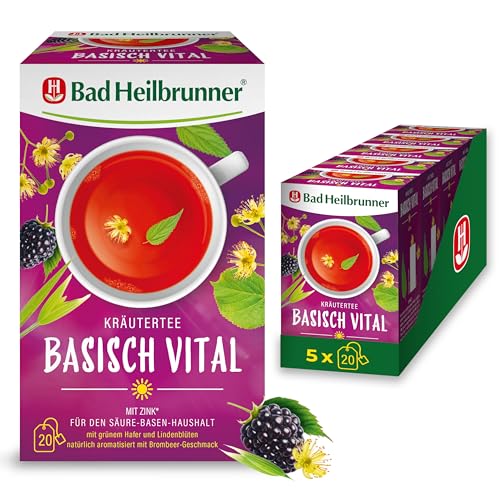 Bad Heilbrunner Kräutertee Basisch Vital - im Filterbeutel - Grüner Hafer, Lindenblüten & Brombeere - mit Zink für den Säure-Basen-Haushalt - idealer Begleiter für eine basische Ernährung - Gesundheit (5 x 20 Filterbeutel) von Bad Heilbrunner