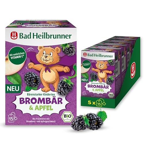 Bad Heilbrunner Bio Bärenstarker Kindertee Brombär & Apfel – Bio-Früchtetee mit natürlichem Vitamin C, speziell für Kinder entwickelt, (5 x 15 Filterbeutel) von Bad Heilbrunner