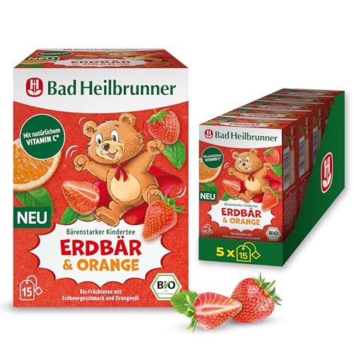 Bad Heilbrunner Bio Bärenstarker Kindertee Erdbär & Orange – Bio-Früchtetee mit Erdbeer und Orange, mit natürlichem Vitamin C, speziell für Kinder entwickelt, (5 x 15 Filterbeutel) von Bad Heilbrunner