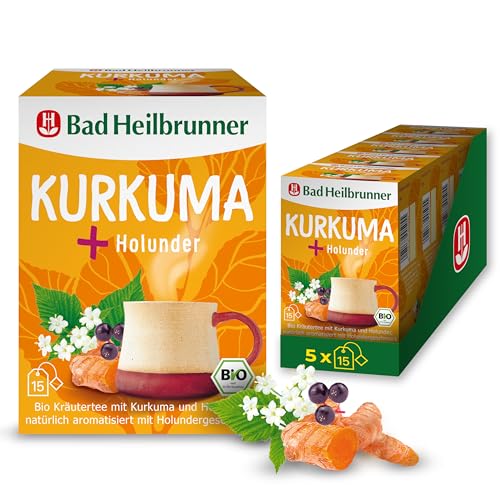 Bad Heilbrunner Kurkuma+ Holunder Tee – Bio-Kräutertee mit Kurkuma, Holunderbeeren und Holunderblüten, natürlich aromatisiert, (5 x 15 Filterbeutel) von Bad Heilbrunner